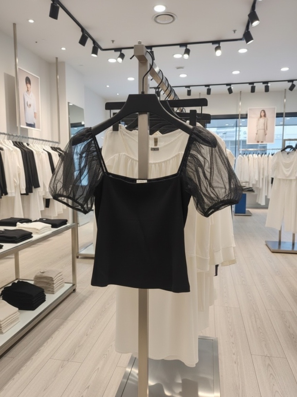 Intimately Free People Square Neck Mesh Puff Sleeve Top Size S Black